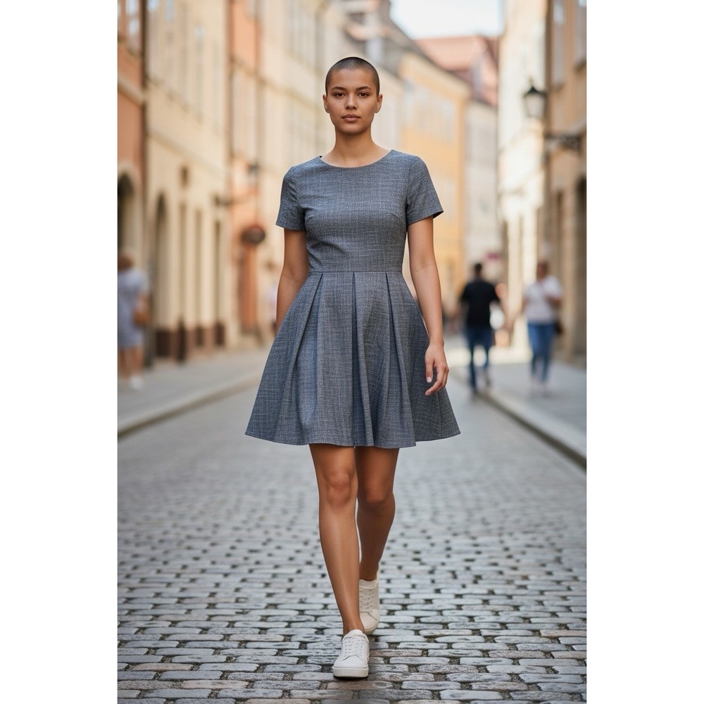 Zara Gray Fit & Flare Mini Dress Women's Medium NWT Short Sleeve Pleated